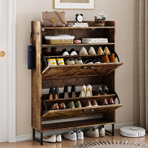 Wodeer Shoe Storage Cabinet with 2 Flip Drawers, Narrow Wood Shoe Cabinet Storage for Entryway with Metal Legs & Hooks, Adjustable Shelves, Freestanding Shoe Rack Organizer for Foyer, Hallway, Brown - color: Brown, style: 2 Drawers