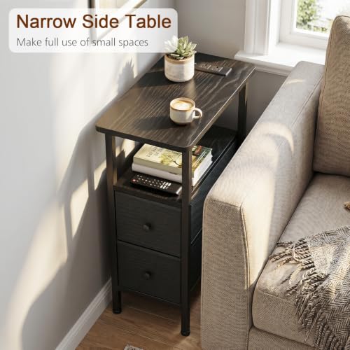 LOAKEKEL Narrow End Table with Charging Station, Side Tables Living Room | End Tables Living Room Set of 2, Skinny Nightstand with Fabric Drawers for Bedroom, Small Spaces, Black - color: Black, style: Power