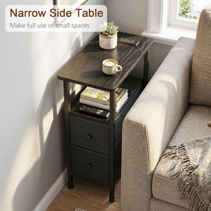 LOAKEKEL Narrow End Table with Charging Station, Side Tables Living Room | End Tables Living Room Set of 2, Skinny Nightstand with Fabric Drawers for Bedroom, Small Spaces, Black - color: Black, style: Power