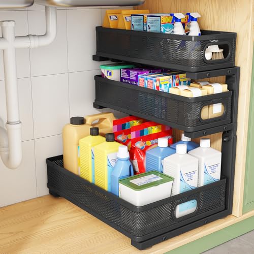 Kitstorack Under Sink Organizer, 1-Pack 3-Tier Height Adjustable Thickened Metal Pull out Cabinet Organizer Shelf, Slide out Storage Drawer Rack for Bathroom Kitchen Pantry Home Laundry Organization - color: Black, size: 1 Pack