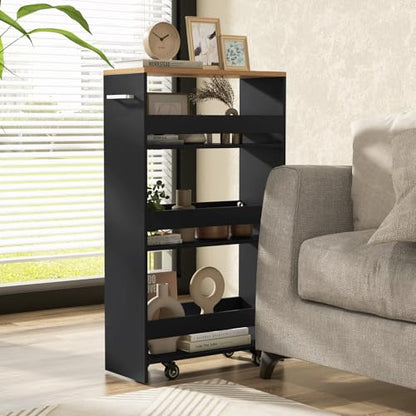LOKO 4-Tier Rolling Storage Cart, 8 Inches Slim Kitchen Cart on Wheels with Open Shelves & Handle, Laundry Room Cart Between Washer and Dryer, for Bathroom Next to Fridge (Black & Natural) - color: Black & Natural
