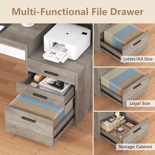 YOMILUVE Executive Computer Desk with 3 Drawers & Storage Shelves, 65 Inch Home Office Desk with File Drawer & Cabinet, Writing Study Desks with Monitor Stand & Printer Shelf, Executive Desk, Grey - color: Grey