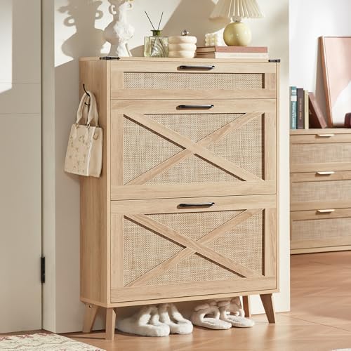 LEYAOYAO Shoe Cabinet Storage for Entryway with 2 Flip Drawers | Rack Narrow Organizer Slim Hidden Wood Shoe Cabinet Furniture - color: Natural Oak