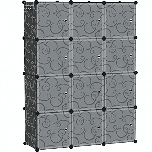 C&AHOME 12-Cube Storage Organizer with Door Cube Shelf Closet Cabinet Black | DIY Plastic Modular Bookshelf, Stackable Clothes Storage Shelving Ideal for Home, Bedroom, 36.6”L x 12.4”W x 48.4”H - color: Black