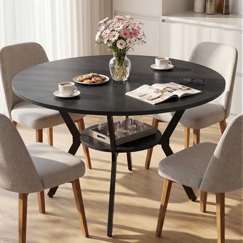 Miereirl 42.13" Round Dining Table for 4, Modern Kitchen Table with Open Storage Shelf, Wood Dining Table for Dining Room, Apartment, Small Spaces - color: Black