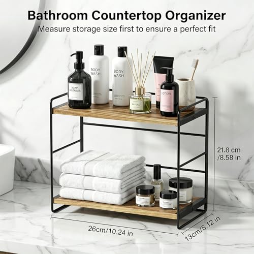 SRIWATANA 2 Pack Bathroom Counter Organizer, 2 Tier Countertop Organizers, Kitchen Counter Shelf Spice Rack Countertop Storage Wood Shelf - Carbonized Black