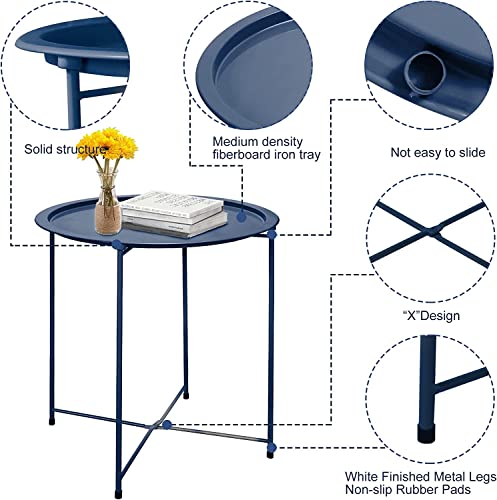 Garden 4 you End Table 2 PCS Metal Side Table Dark Blue Round Folding Tray Cyan Sofa Small Accent Fold-able Table, Round End Table Tray, Next to Sofa Table, Snack Table for Living Room and Bed Room - color: Dark Blue