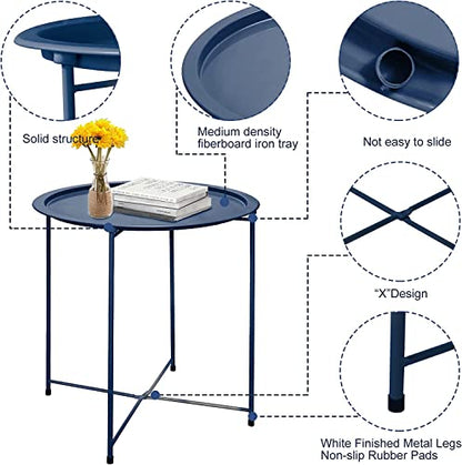Garden 4 you End Table 2 PCS Metal Side Table Dark Blue Round Folding Tray Cyan Sofa Small Accent Fold-able Table, Round End Table Tray, Next to Sofa Table, Snack Table for Living Room and Bed Room - color: Dark Blue