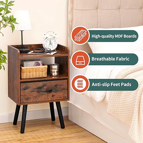 Yoobure Night Stand with Fabric Drawer, Modern Nightstand, Bedside Tables, Mid Century Nightstands with Open Storage Shelf, Wood Bedside Table, Small Night Stands for Bedrooms, 2-Tier Night Table - color: Berry Brown