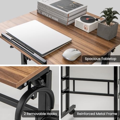 Tangkula Mobile Standing Desk, Height-Adjustable Laptop Podium Cart with Tilting Tabletop & Adjustable Angle, Rolling Stand Up Computer Desk with 2 Hanging Hooks & Lockable Casters for Home Office - color: Brown