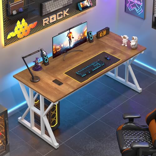TVU Computer Desk, 55 inch Large Office Desk, Study Writing Table with Thicken Frame, Gaming Desk, Modern Simple Desk for Home Office, Brown - color: Brown, size: 55inch