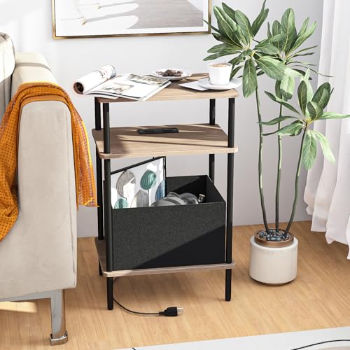 Small Side Table with Charging Station, Set of 2 End Table for Small Spaces, Slim Nightstand with Outlet,Sofa Beside Table, 3-Tier Storage Shelf,Living Room, Bed Room, Natrual Walnut - color: Natrual Walnut