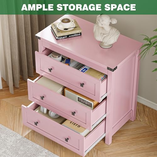 Xixini Farmhouse Nightstand with 3 Storage Drawers, 27.55" Wide Wood Bedside Table, Modern Side Table with Metal Handle, End Table for Bedroom, Pink - color: Pink