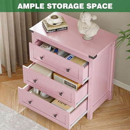Xixini Farmhouse Nightstand with 3 Storage Drawers, 27.55" Wide Wood Bedside Table, Modern Side Table with Metal Handle, End Table for Bedroom, Pink - color: Pink