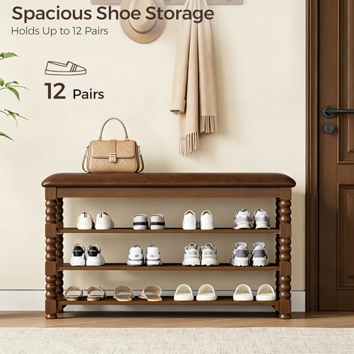 Homleke 39.4" Wide Solid Wood Shoe Rack Bench with Classic Turned Ball Legs | Tall 3-Tier Entryway Bench with Leather Seat, Holds Up to 12 Pairs, for Hallway, Bedroom and Closet, Walnut - color: Walnut, size: 3-Tier 39.4 Inch