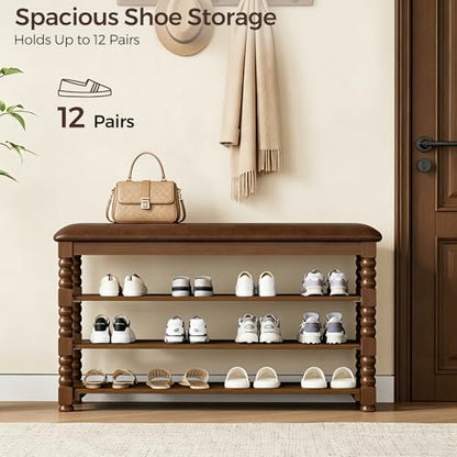 Homleke 39.4" Wide Solid Wood Shoe Rack Bench with Classic Turned Ball Legs | Tall 3-Tier Entryway Bench with Leather Seat, Holds Up to 12 Pairs, for Hallway, Bedroom and Closet, Walnut - color: Walnut, size: 3-Tier 39.4 Inch