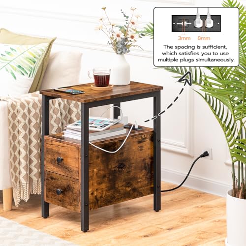 HOOBRO Set of 2 End Tables with Charging Station, Narrow Side Table with Drawers, Power Outlets, Nightstand for Small Spaces, Living Room, Stable and Sturdy, Rustic Brown and Black BF541BZP201 - color: Rustic Brown + Black