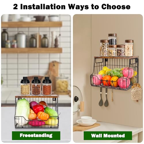 Livabber Fruit Basket for Kitchen, Metal Fruit Vegetable Storage Bin with 2 Banana Hangers, Countertop Wire Basket Organizer for Snack Potato Onion, Screw Mounted or Stand (Black, 1 Pack) - style: 1 Pack