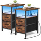 Vagusicc Set of 2 Nightstand with Charging Station and LED Lights, Narrow Side Table, LED Night Stand with 2 Fabric Drawers, Bedside Table Small End Table, Tall Nightstand for Bedroom, Rustic Brown - color: Rustic Brown, size: 2, style: With LEDs