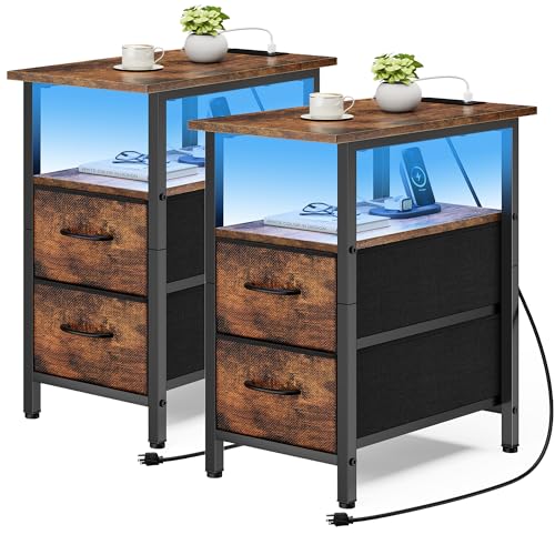 Vagusicc Set of 2 Nightstand with Charging Station and LED Lights, Narrow Side Table, LED Night Stand with 2 Fabric Drawers, Bedside Table Small End Table, Tall Nightstand for Bedroom, Rustic Brown - color: Rustic Brown, size: 2, style: With LEDs