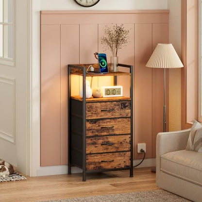 Furnulem Night Stand with Charging Station, 4 Drawer Tall Bedside Table | small dresser for bedroom, with LED light & Remote Control, Fabric Bins and Metal Frame,Wood Desk Top,Easy Assemble for Dorm - color: Rustic Brown