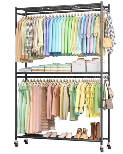Sakugi Clothes Rack - 45.2" x 12.2" x 79.5" Clothing Rack with Shelves & Wheels, Multi-Functional Wardrobe Closet with Hooks, Sturdy Metal Garment Rack for Bedroom, Laundry, Balcony (Black) - color: Black, size: X-Large