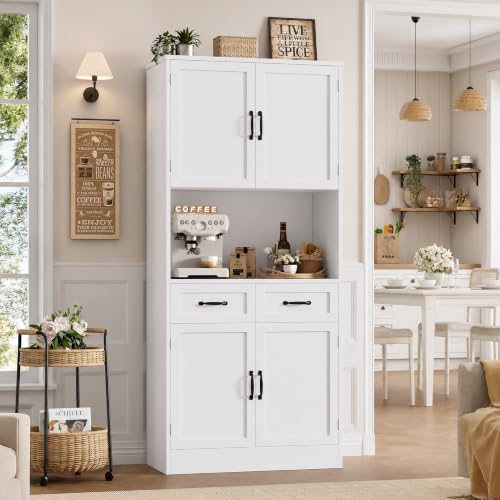 HOSTACK 71" Tall Kitchen Pantry Storage Cabinet, Wood Kitchen Hutch, White | Modern Pantry Cabinet with Microwave Stand, Hutch Cabinet with Countertop & Drawers, Storage Cabinet for Living Room - color: White