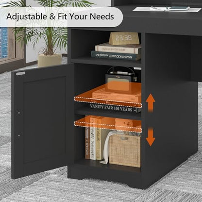 TVU Farmhouse Computer Desk with Drawers, 65'' Home Office Desk with Power Outlets, Storage Cabinet and Printer Stand, Study Writing Desks with Long Monitor Stand, Black - color: Black