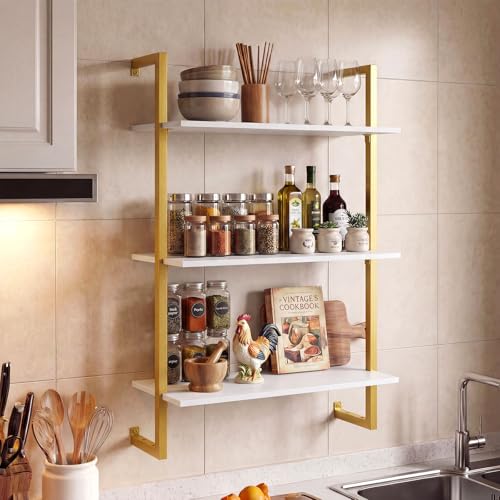 Giantex 3-Tier Wall-Mounted Bookshelf, Modern Floating Storage Display Shelves with Metal Frame, Wood Open Ladder Bookcase for Living Room, Home Office, Kitchen, White + Gold - color: White + Gold