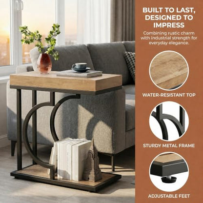 Tribesigns C Shaped Modern End Table for Coach with Metal Frame | Wood Grain, Small Side Table for Living Room, Nightstand for Bedroom, Light Brown&Black - color: Light Brown&black