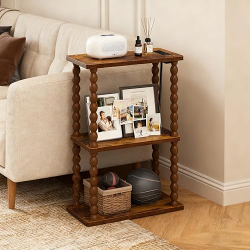 ELYKEN Narrow Side Table with Charging Station, 3-Tier Skinny Bedside Table | Small End Tables Living Room with USB Port and Outlet, Nightstands with Storage Shelf for Bedroom - color: Rustic Brown