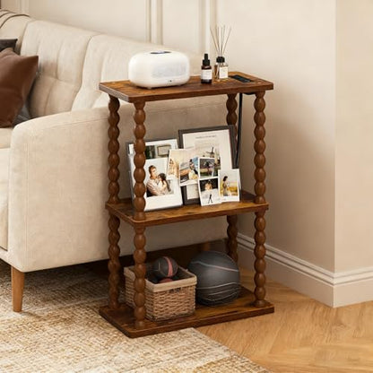 ELYKEN Narrow Side Table with Charging Station, 3-Tier Skinny Bedside Table | Small End Tables Living Room with USB Port and Outlet, Nightstands with Storage Shelf for Bedroom - color: Rustic Brown