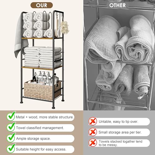 3-Tier Freestanding Cabinet Towel Rack Metal Stand | M-shaped detachable dividers, three-tier versatile storage, premium anti-rust four hooks, 70 lbs heavy duty load capacity - color: Brown
