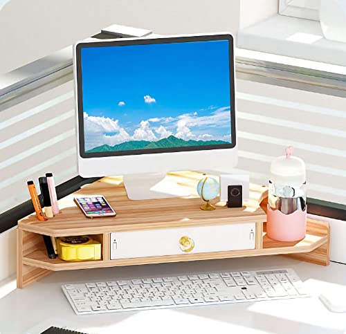 Triangle Monitor Stand Riser,Cut Triangle Save Space Desktop Corner,Desktop corner shelf with drawers wooden computer stand with storage laptop risers office organization. (Have drawers)