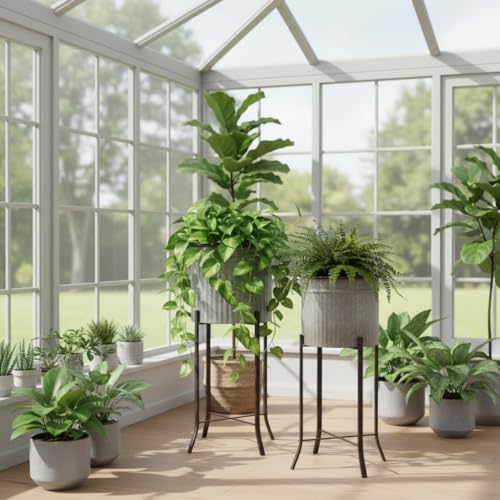 Creative Co-Op Set of 2 Iron Planters on Stands - color: Silver and Black, size: 13.5" diameter x 31" H