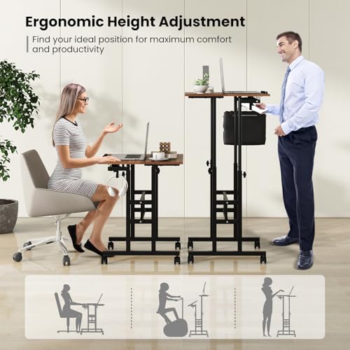 Tangkula Mobile Standing Desk, Height-Adjustable Laptop Podium Cart with Tilting Tabletop & Adjustable Angle, Rolling Stand Up Computer Desk with 2 Hanging Hooks & Lockable Casters for Home Office - color: Brown