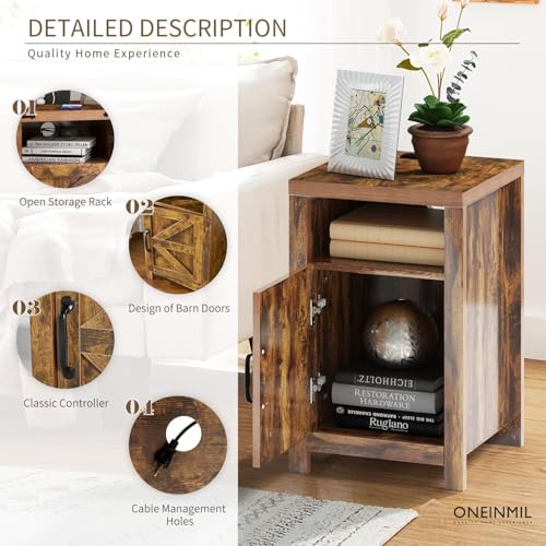 oneinmil Farmhouse Nightstand with Charging Station, Couch Side Table Set of 2, Bedside Table with Storage Space, End Tables with Barn Door, Bed Side Tables for Living Room and Bedroom, Rustic Brown - color: Brown