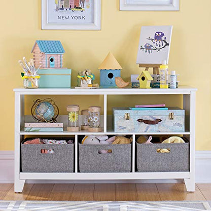 Martha Stewart Kids' Low Bookcase - Linen White: 24 Inch Wooden Storage Organizer Cubby with Fabric Bins for Playroom and Bedroom - color: Linen White