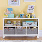 Martha Stewart Kids' Low Bookcase - Linen White: 24 Inch Wooden Storage Organizer Cubby with Fabric Bins for Playroom and Bedroom - color: Linen White