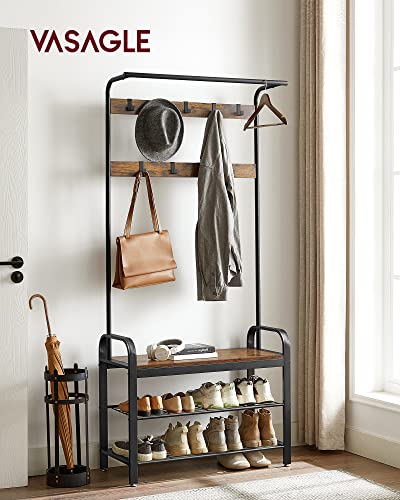 VASAGLE Coat Rack, Hall Tree with Shoe Bench for Entryway, Entryway Bench with Coat Rack, 4-in-1, with 9 Removable Hooks, a Hanging Rod, 13.3 x 33.1 x 72.1 Inches, Rustic Brown and Black UHSR400B01 - color: Rustic Brown + Black, size: 33.1"W