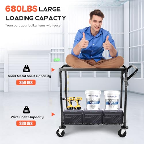 WDT 680Lbs Capacity Heavy Duty Rolling Utility Cart,2 Tier Rolling Carts with Wheels,Commercial Grade Metal Cart with Handle Bar & Shelf Liner,Trolley Serving Cart for Restaurant,Kitchen,Black - color: Black 2 Tier