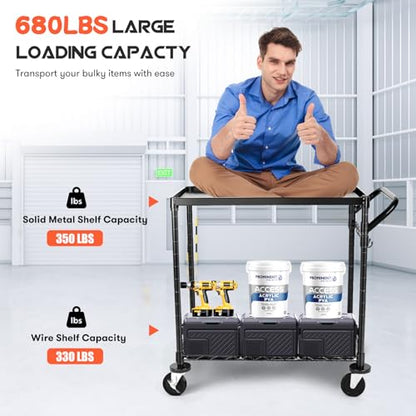 WDT 680Lbs Capacity Heavy Duty Rolling Utility Cart,2 Tier Rolling Carts with Wheels,Commercial Grade Metal Cart with Handle Bar & Shelf Liner,Trolley Serving Cart for Restaurant,Kitchen,Black - color: Black 2 Tier