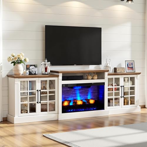 AMERLIFE 97" Farmhouse Fireplace TV Stand, Entertainment Center with Large Storage Space and Adjustable Shelf, Media Console for Living Room, White/Barnwood - color: White, size: 97"