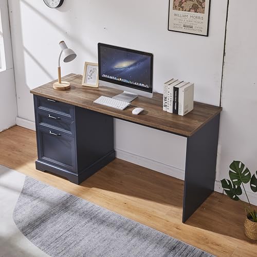 60" Farmhouse Executive Desk with Charging Station,Home Office Desk with 2 Drawers &1 File Cabinet,Wood Work Desk for Office and Home (Blue) - color: Blue