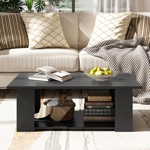 Tangkula 2-Tier Coffee Table, Modern Rectangular Center Cocktail Table with 5 Support Legs, Wooden Accent Living Room Furniture, Small Coffee Table for Small Spaces, Easy Assembly (Black) - color: Black