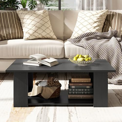 Tangkula 2-Tier Coffee Table, Modern Rectangular Center Cocktail Table with 5 Support Legs, Wooden Accent Living Room Furniture, Small Coffee Table for Small Spaces, Easy Assembly (Black) - color: Black