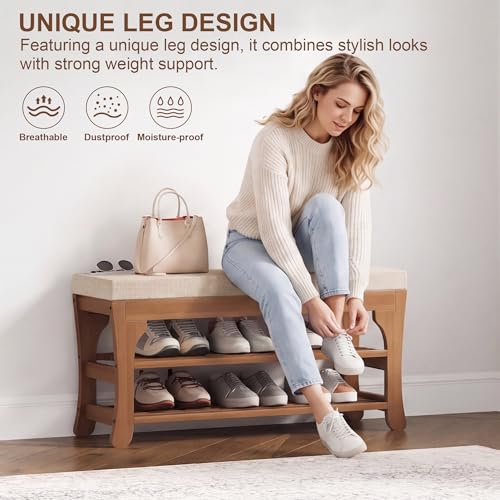 PETKABOO 27.6" Shoe Storage Bench with Cushion, Bamboo Shoe Rack Bench, 2-Tier Entryway Shoe Organizer, Supports up to 350 LB, for Hallway, Bedroom, Closet, Living Room - size: 27.6"