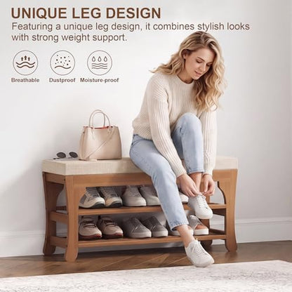 PETKABOO 27.6" Shoe Storage Bench with Cushion, Bamboo Shoe Rack Bench, 2-Tier Entryway Shoe Organizer, Supports up to 350 LB, for Hallway, Bedroom, Closet, Living Room - size: 27.6"