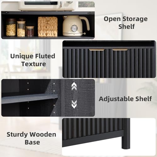 BuildHom 32 Inch Fluted Sideboard Buffet Cabinet with Storage Black Oak | Coffee Bar Cabinet with Open Shelf and 5-Level Adjustable Shelves, Farmhouse Storage Cabinet for Kitchen and Dining Room - color: Black Oak