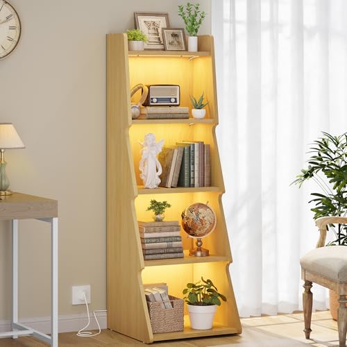 Hoctieon 5-Tier Open Bookcase and Bookshelf with LED Light, Floor Standing Display Storage Shelves, Wood Modern Display Organizer for Home Office, Living Room, Bedroom, Study, Yellow Oak